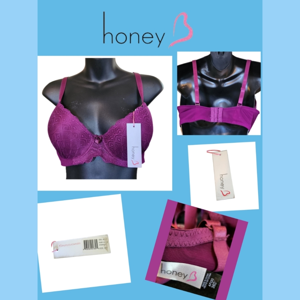 HONEY B DARK PURPLE PLUNGE NECKLINE DESIGNER LACE BRA, SIZE 36D, BNWT